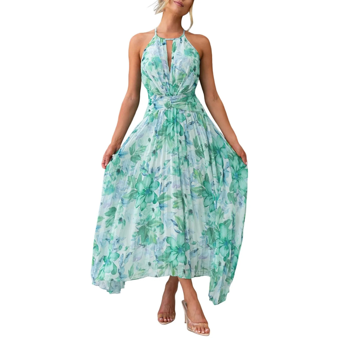 Flowy women's boho floral halterneck maxi dress for summer. Ideal for beach, party, or casual elegant wear.