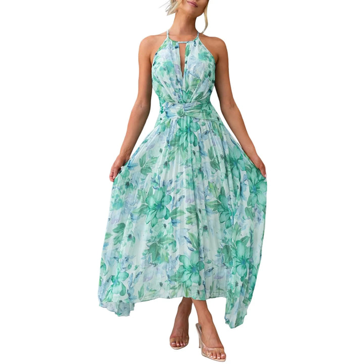 Flowy women's boho floral halterneck maxi dress for summer. Ideal for beach, party, or casual elegant wear.