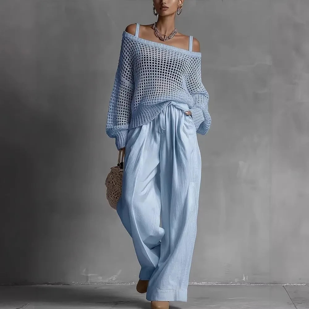 Comfortable women's off-shoulder two-piece set, an elegant and versatile summer outfit.