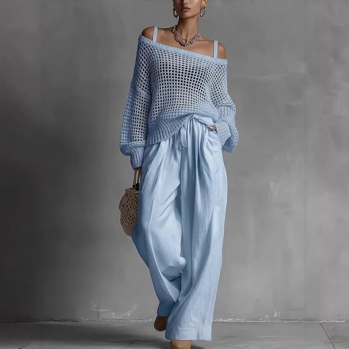 Comfortable women's off-shoulder two-piece set, an elegant and versatile summer outfit.