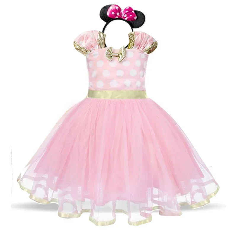 Complete girls' Minnie Mouse polkadot dress, ears headband, and bow for a magical look.