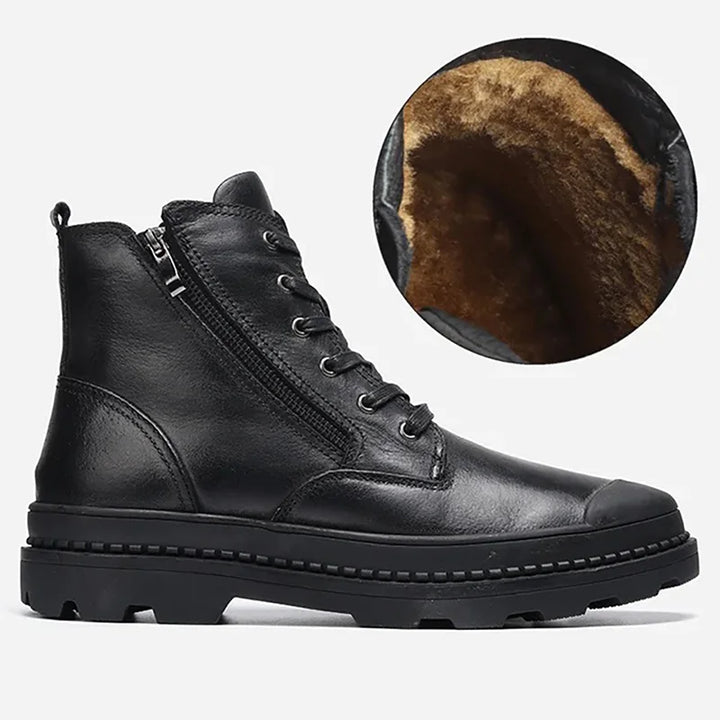 Stylish men's vintage combat boots with a practical side zip and classic lace-up front. Rugged leather look.
