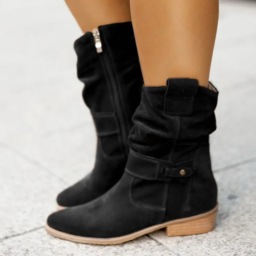 Versatile women's flat ankle boots, round toe & block heel. Zipper for easy wear, great for everyday winter.