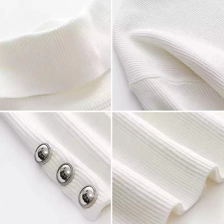 Fashionable women's ribbed turtleneck sweater with chic button sleeves. An elegant long-sleeve knit for all seasons.