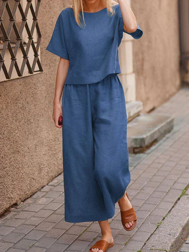Women's casual linen two-piece set, relaxed fit shirt and wide-leg pants, ideal for comfortable summer wear.