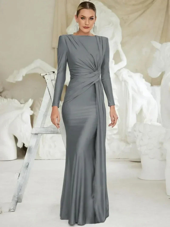 Women's long formal twist maxi dress for evening events. Chic A-line party gown for special occasions.