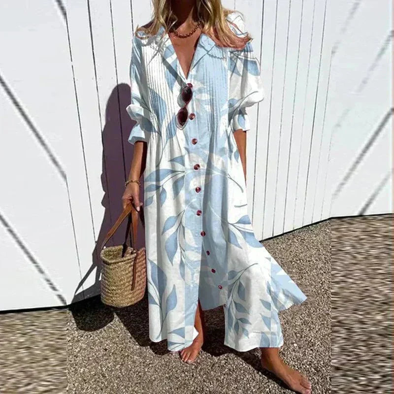 Stylish women's flowy maxi dress in a bohemian style, featuring a comfortable relaxed fit and elegant V-neck design.