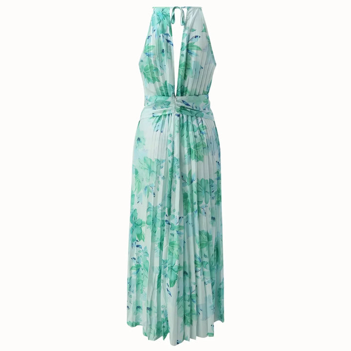 Women's elegant floral maxi dress with halterneck. Boho style perfect for summer parties, vacation & casual wear.