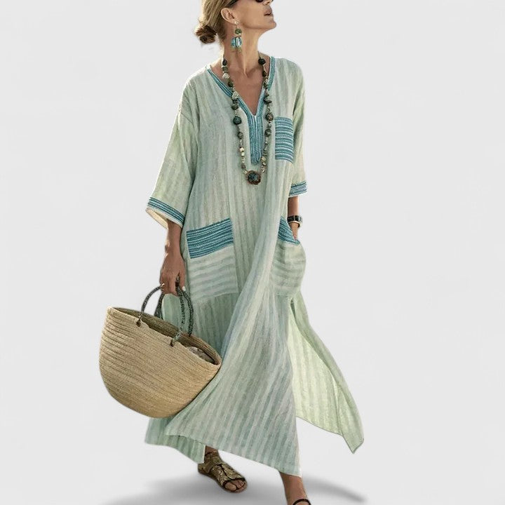 Comfy women's bohemian maxi dress, elegant and relaxed fit for summer casual or vacation.