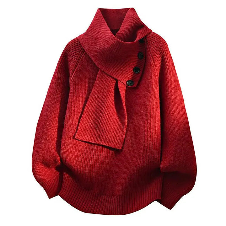 Stylish winter fashion women's sweater with unique scarf-neck design. Elegant, warm & comfortable.