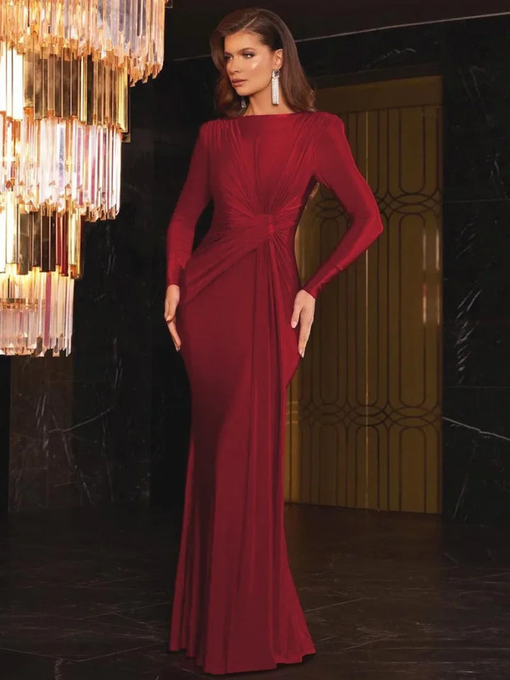 Women's formal evening gown with twist detail. A-line long maxi dress, ideal for wedding guests & parties.