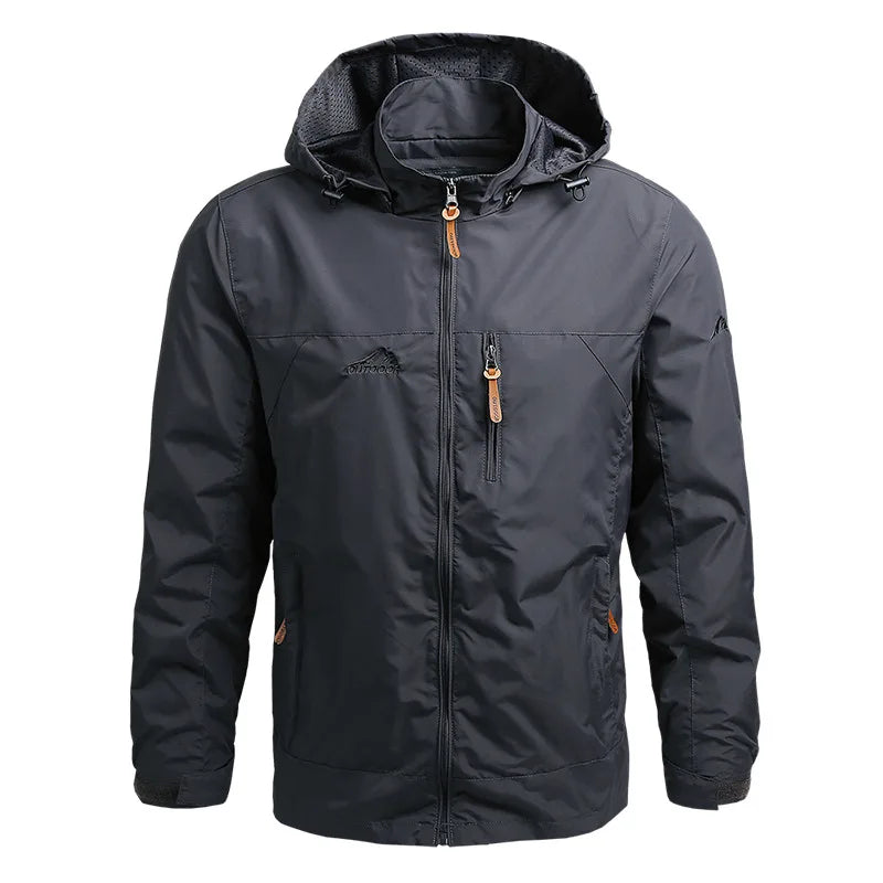 Casual men's waterproof windbreaker jacket. Lightweight design for spring, autumn, and summer rain protection.