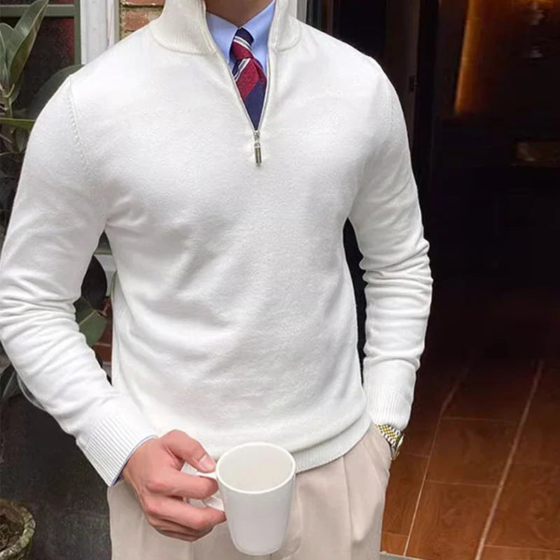 Man wearing a comfortable tailored fit quarter zip sweater, ideal for casual and smart casual mens fashion.