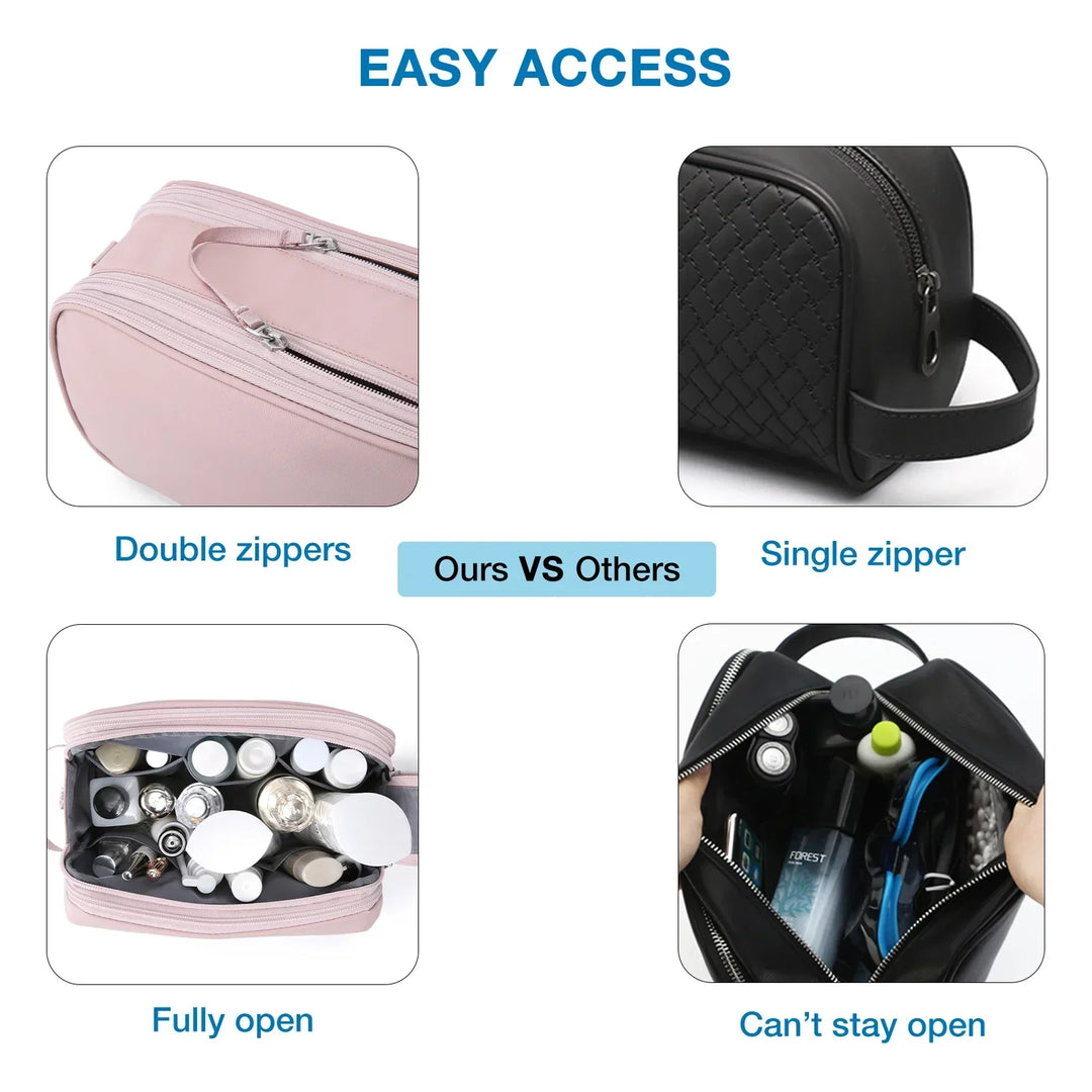 Compact water-resistant toiletry bag packed with travel essentials, perfect for a portable grooming kit.