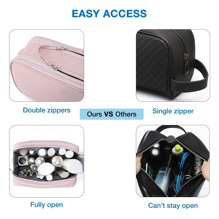 Compact water-resistant toiletry bag packed with travel essentials, perfect for a portable grooming kit.