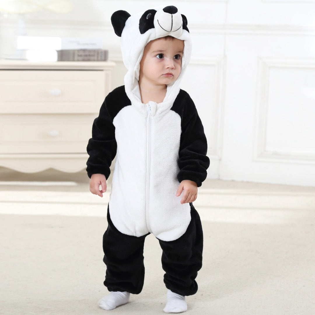 Plush panda animal sleepsuit for infants & toddlers. Cute, soft panda onesie, ideal for comfy loungewear.