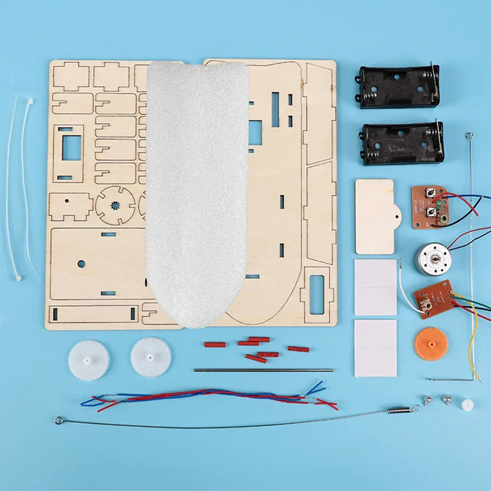 Build a propeller-driven electric toy boat with this wooden educational DIY kit for children.