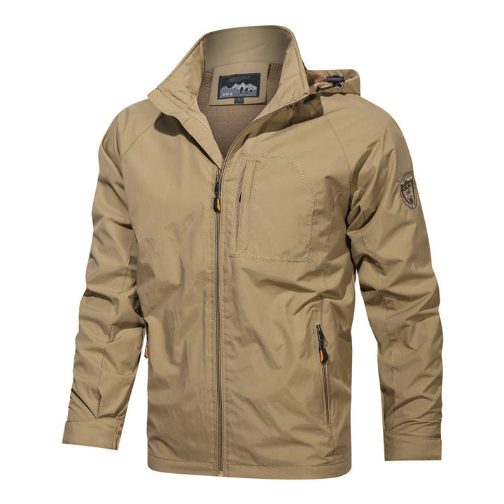 Casual men's lightweight hooded jacket with full zip, ideal for outdoor adventures, comfortable spring/fall layering.