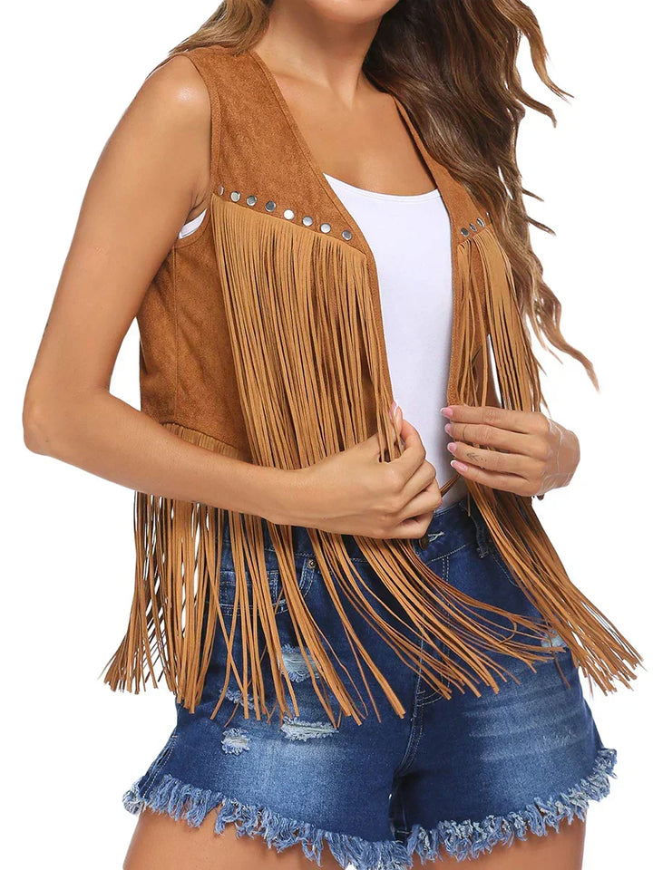 Stylish studded women's fringe vest, sleeveless, open front, perfect for bohemian fashion.