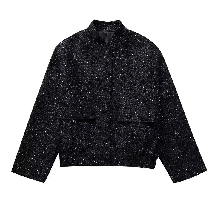 Elegant tailored metallic jacket for women, a versatile mid-season piece for modern spring/autumn & evening wear.