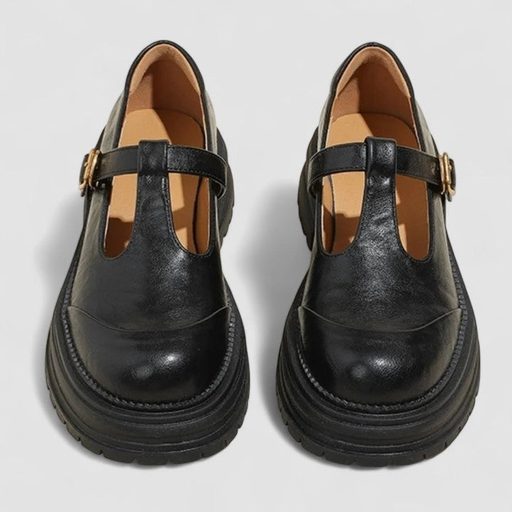 Orthopedic Mary Jane flat shoes for women, supportive comfort design, classic leather walking shoes.