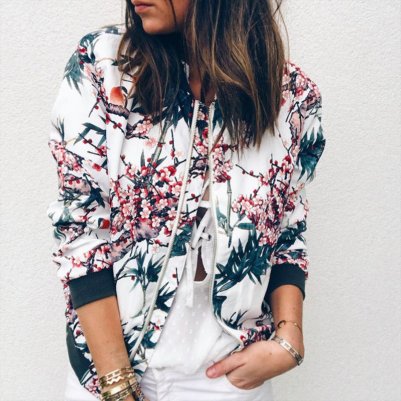 Vibrant floral print bomber jacket for women, a lightweight zip-front spring & autumn layer.