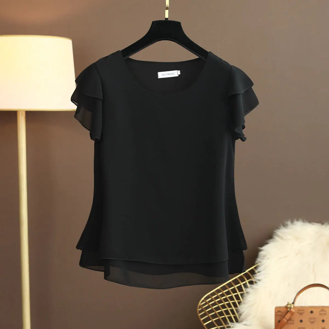 Stylish women's elegant O-neck short sleeve blouse. Versatile top for casual chic spring & summer.
