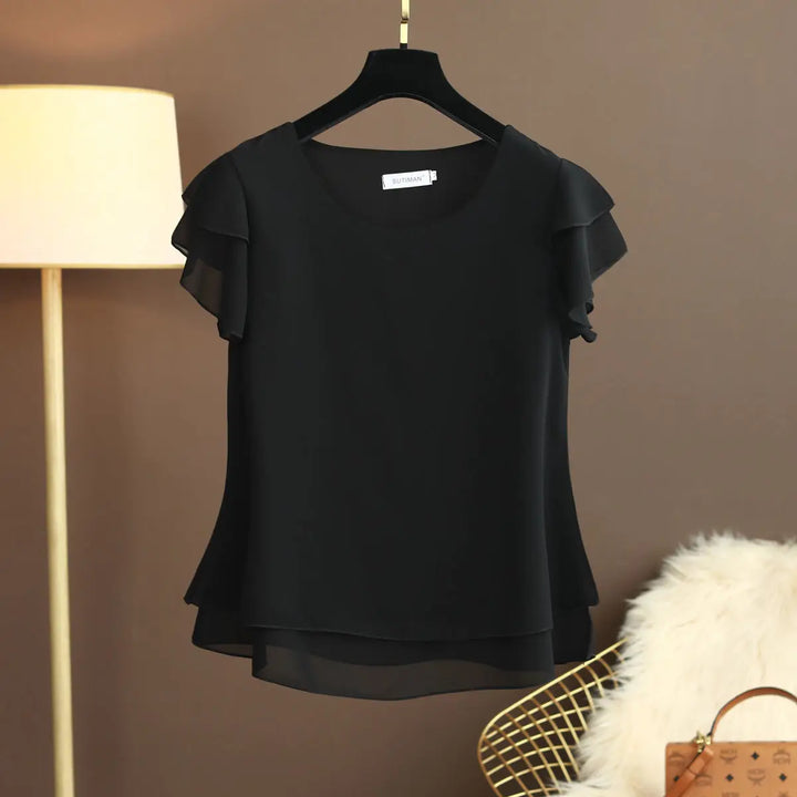 Stylish women's elegant O-neck short sleeve blouse. Versatile top for casual chic spring & summer.