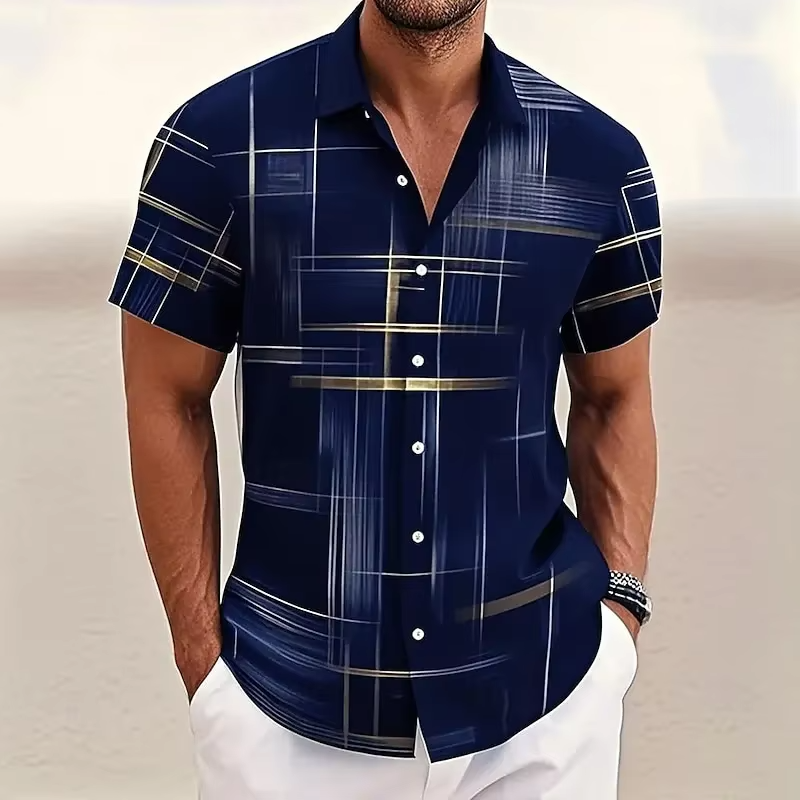 Men's patterned short-sleeve shirt, button-down, modern geometric print, perfect for casual summer style.