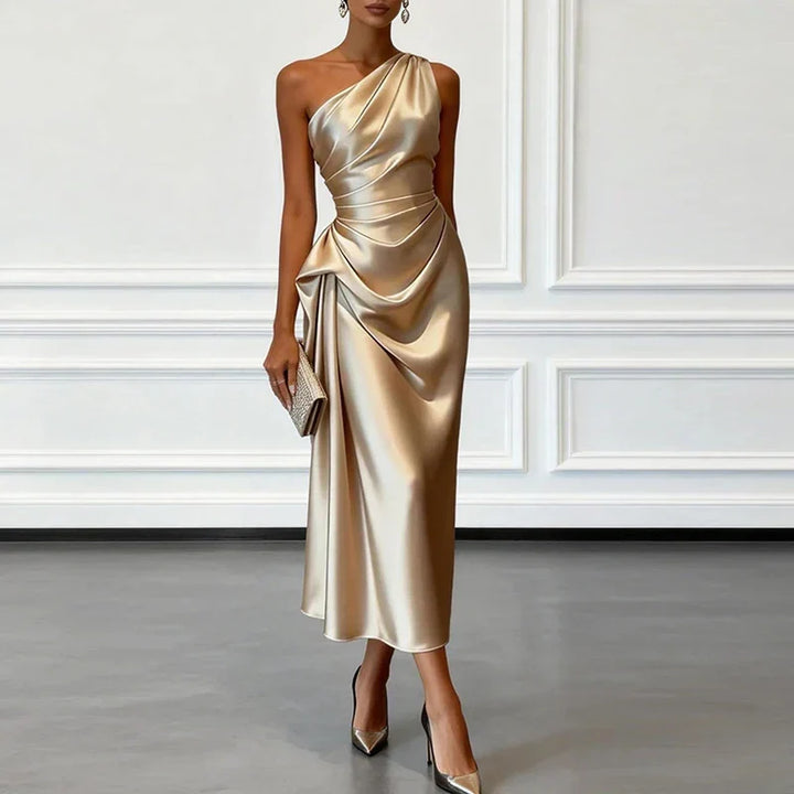 Elegant women's one-shoulder draped ruched midi dress, perfect for formal events & evening parties.