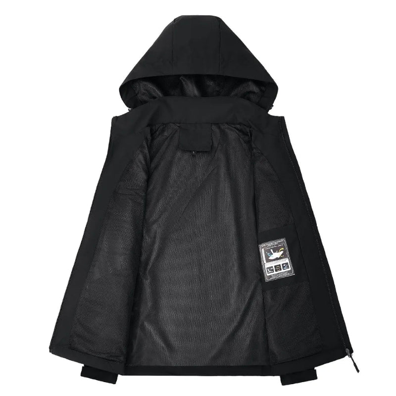 Casual men's hooded rain jacket, lightweight & reflective, offering versatile weather protection.