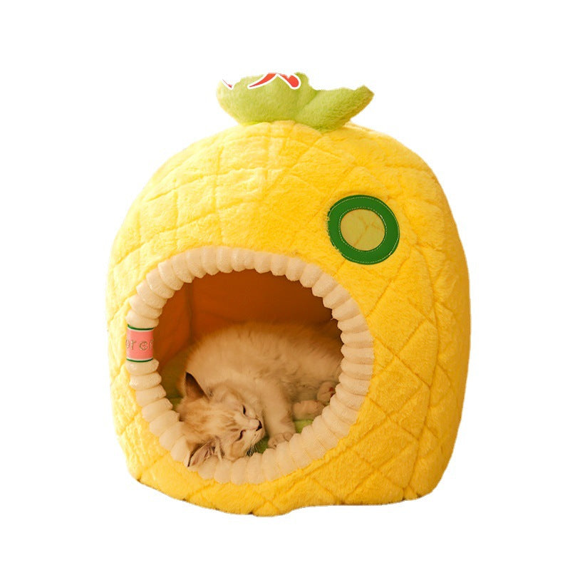 Soft, plush pineapple cat bed for ultimate comfort. Cozy pet cave perfect for sleeping and hiding.