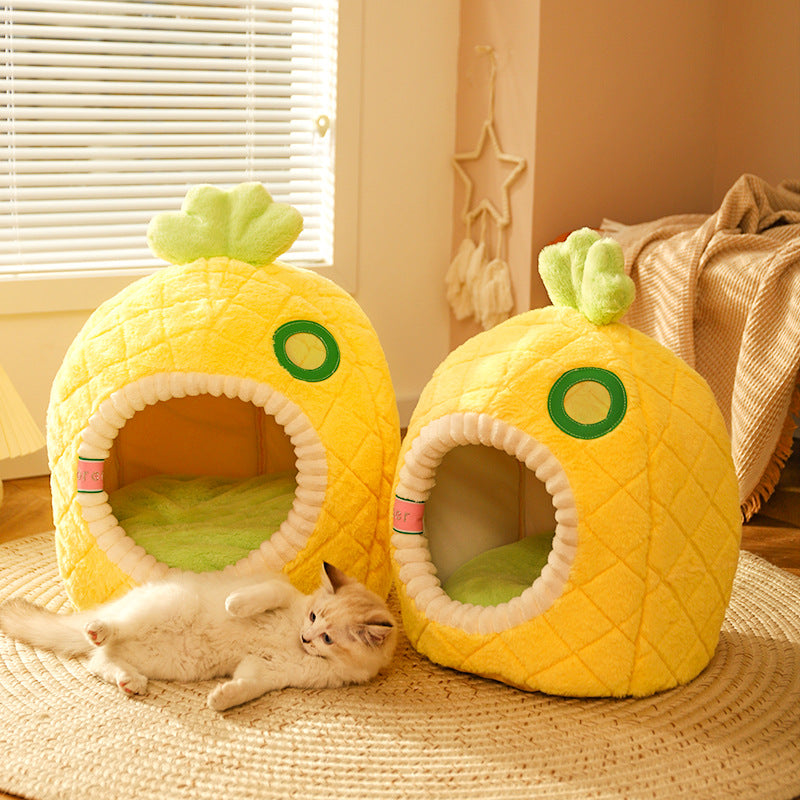 Unique pineapple cat cave bed, super soft & cozy for cats to sleep and relax. Stylish pet furniture.