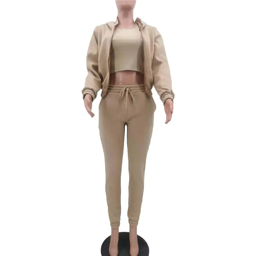 Chic women's 3-piece ensemble: cropped hoodie, joggers, and matching bralette.