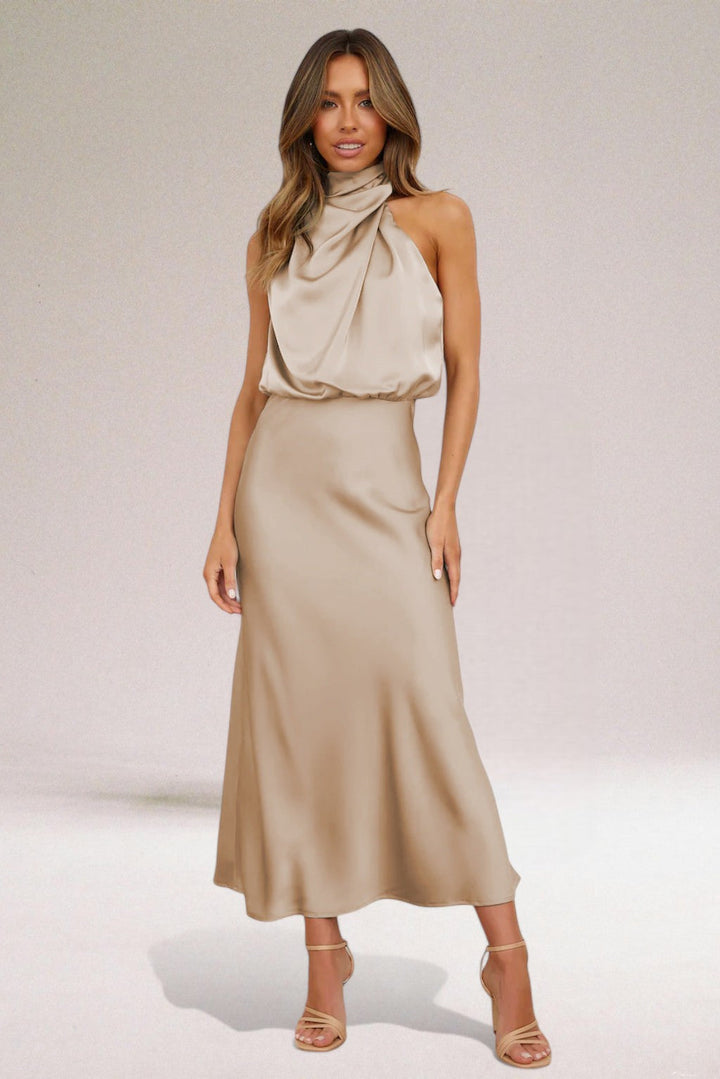 Stylish women's halter neck maxi dress; versatile for evening, party, or formal events.