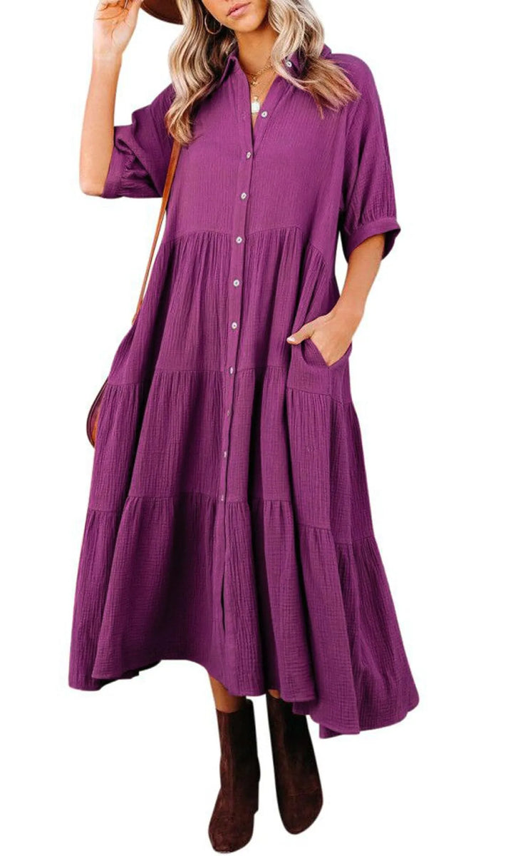 Elegant plain color midi dress for women, versatile for summer, offering comfort and functional pockets.