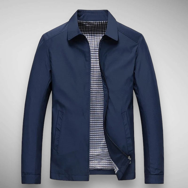 Stylish men's zip-up collared jacket featuring a subtle plaid accent. Ideal for everyday casual outerwear.