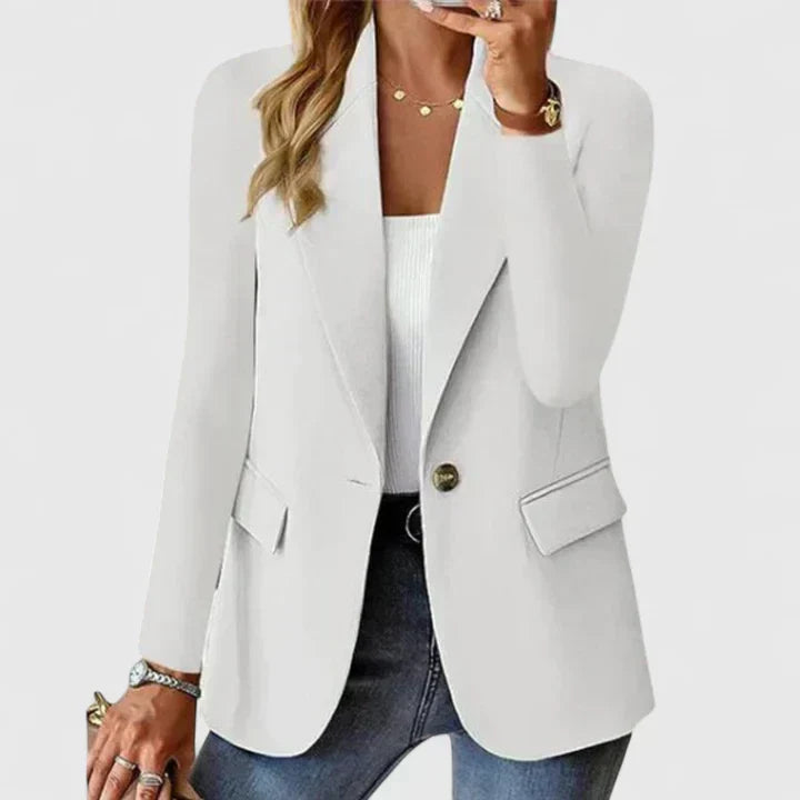Elegant women's tailored fit blazer with a chic lapel and single button, ideal for professional fashion.
