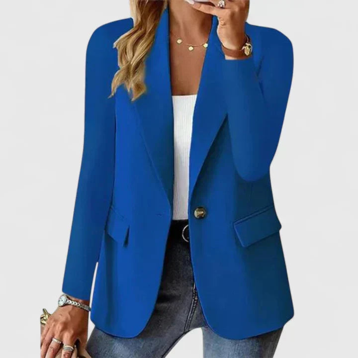Casual chic women's blazer with a single button, tailored fit, and lapel, perfect for a versatile, stylish look.