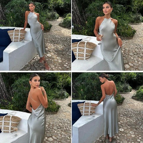 Beautiful women's sleeveless open-back maxi dress, flattering fit for formal and evening events.