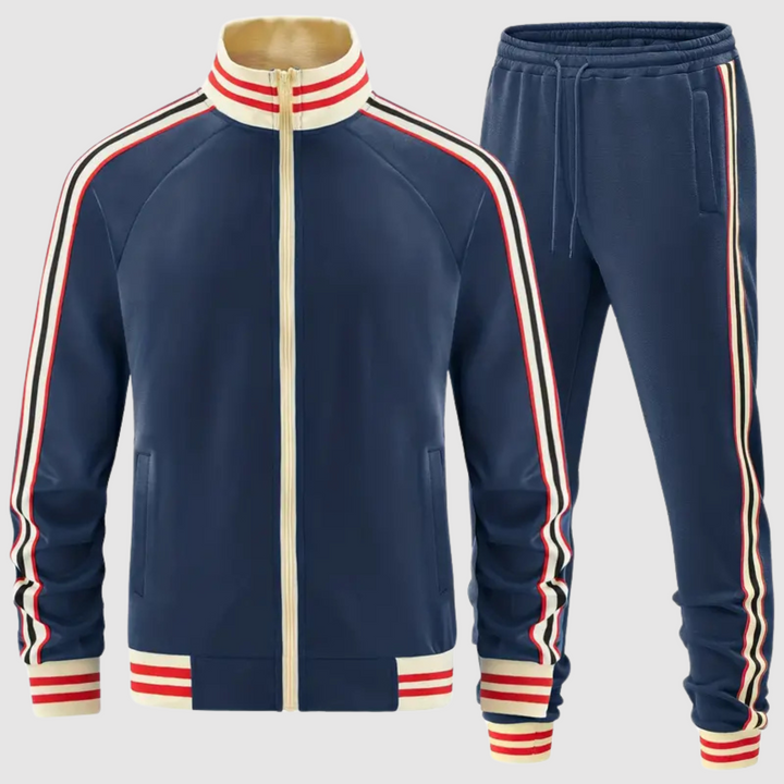 Dynamic men's striped athletic set: full zip jacket & matching comfort sport pants for performance.