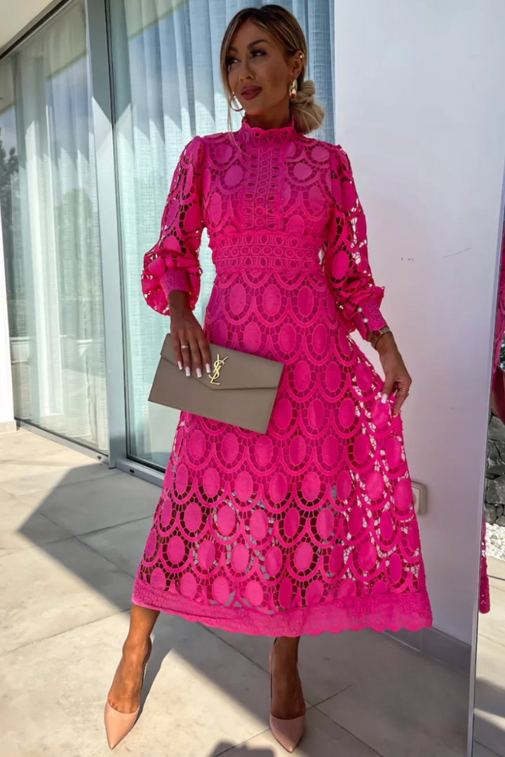 Elegant women's high neck openwork midi dress with long sleeves. Chic, sophisticated, and perfect for special occasions.