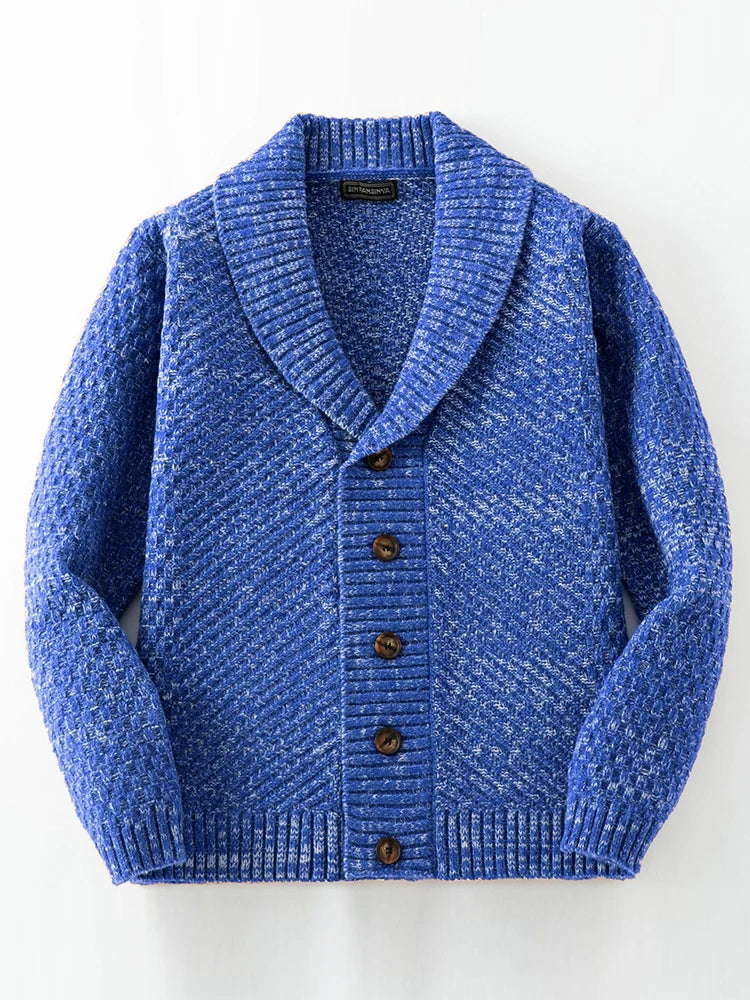 Men's elegant shawl collar button-front knit cardigan sweater, perfect for versatile fall & winter layering.