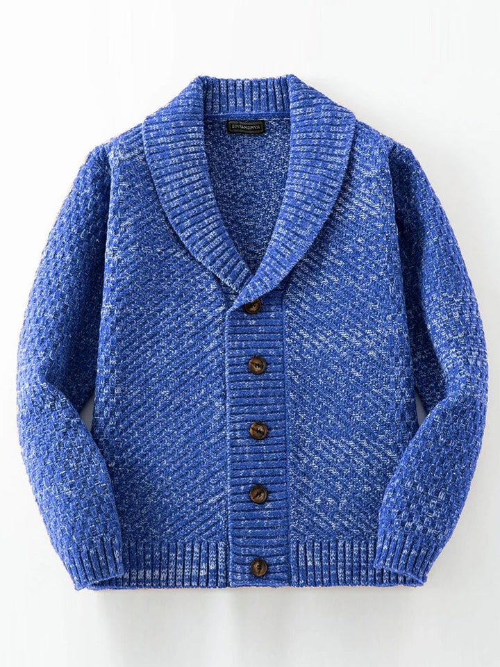 Men's elegant shawl collar button-front knit cardigan sweater, perfect for versatile fall & winter layering.