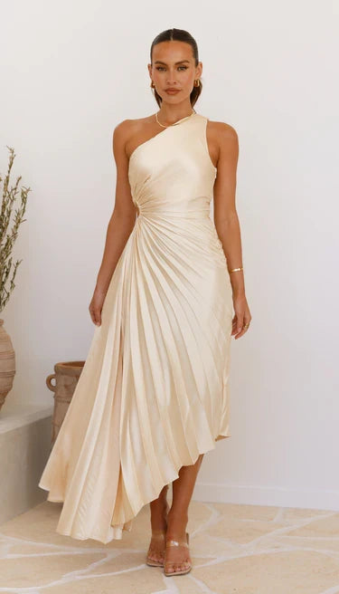 Women's elegant one-shoulder pleated midi dress, versatile for any special occasion.