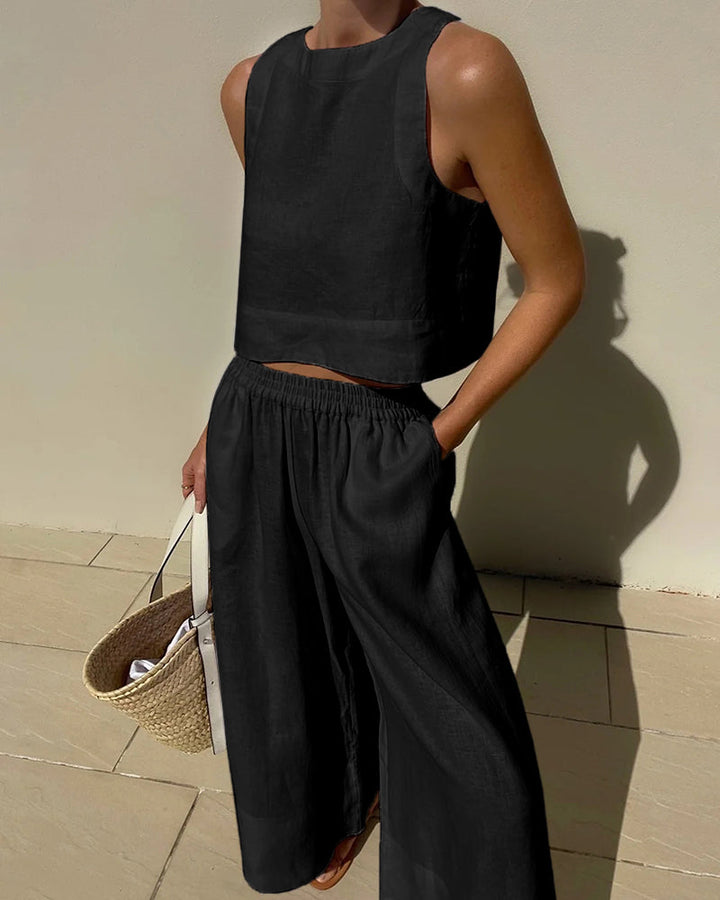 Stylish women's summer collection two-piece set, an ideal comfortable casual outfit for warm weather.