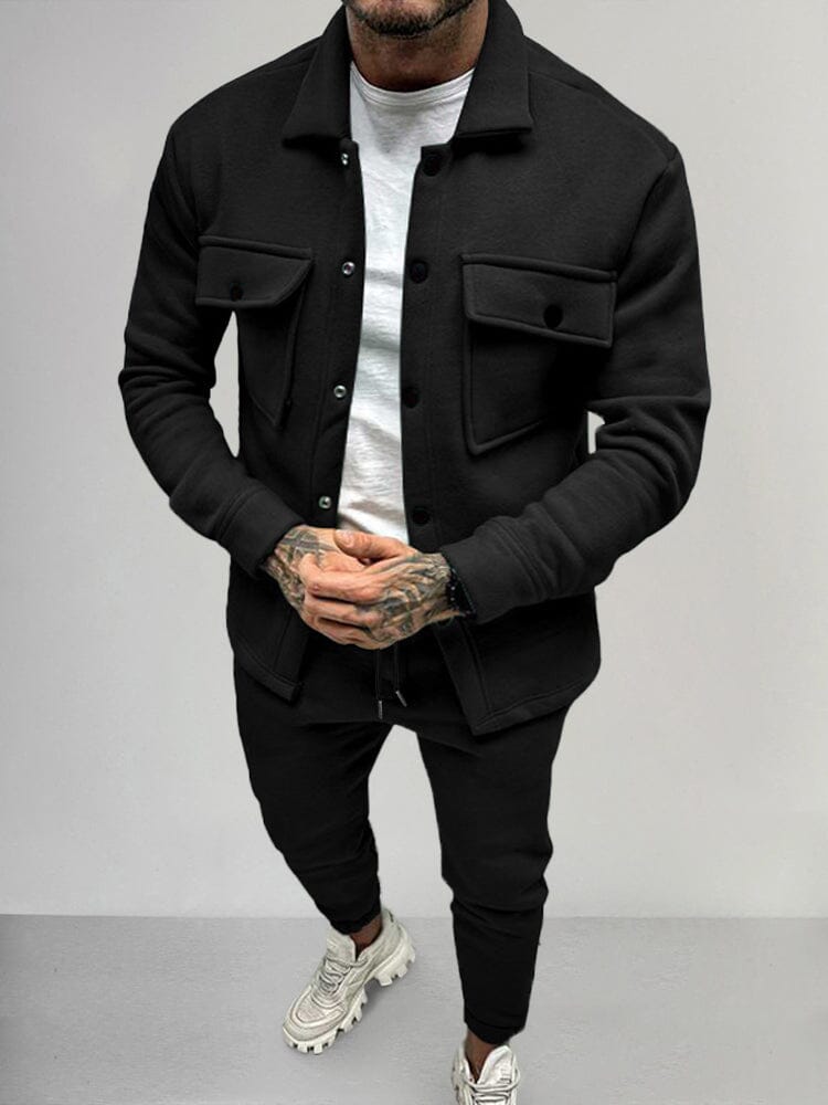Modern men's two-piece shirt & trousers set. Stylish casual luxury outfit, comfortable & versatile.