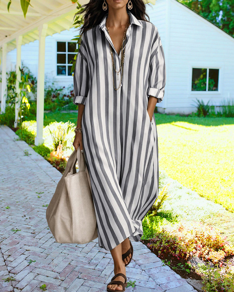 Comfortable women's striped maxi shirt dress, featuring a loose fit and full-length design for relaxed style.