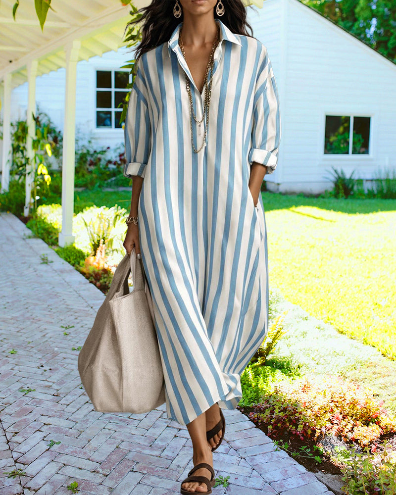 Versatile long-sleeve striped shirt dress for women; casual, loose fit ideal as a summer maxi or resort dress.