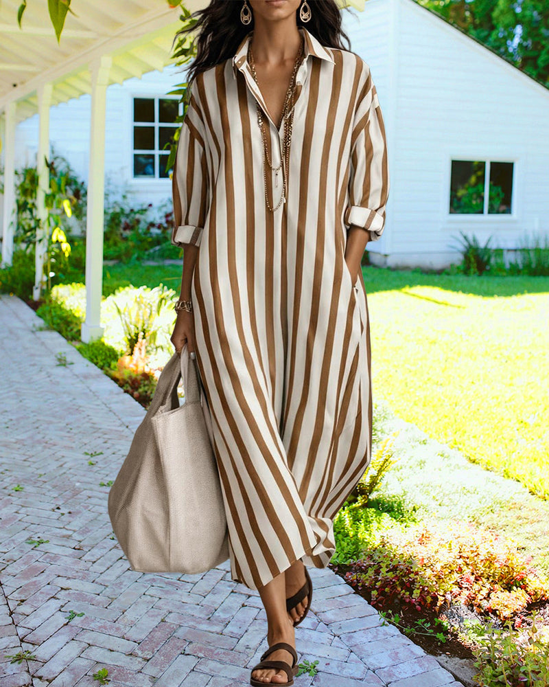 Plus size friendly women's striped casual maxi dress with a relaxed button-front design, perfect for comfort.